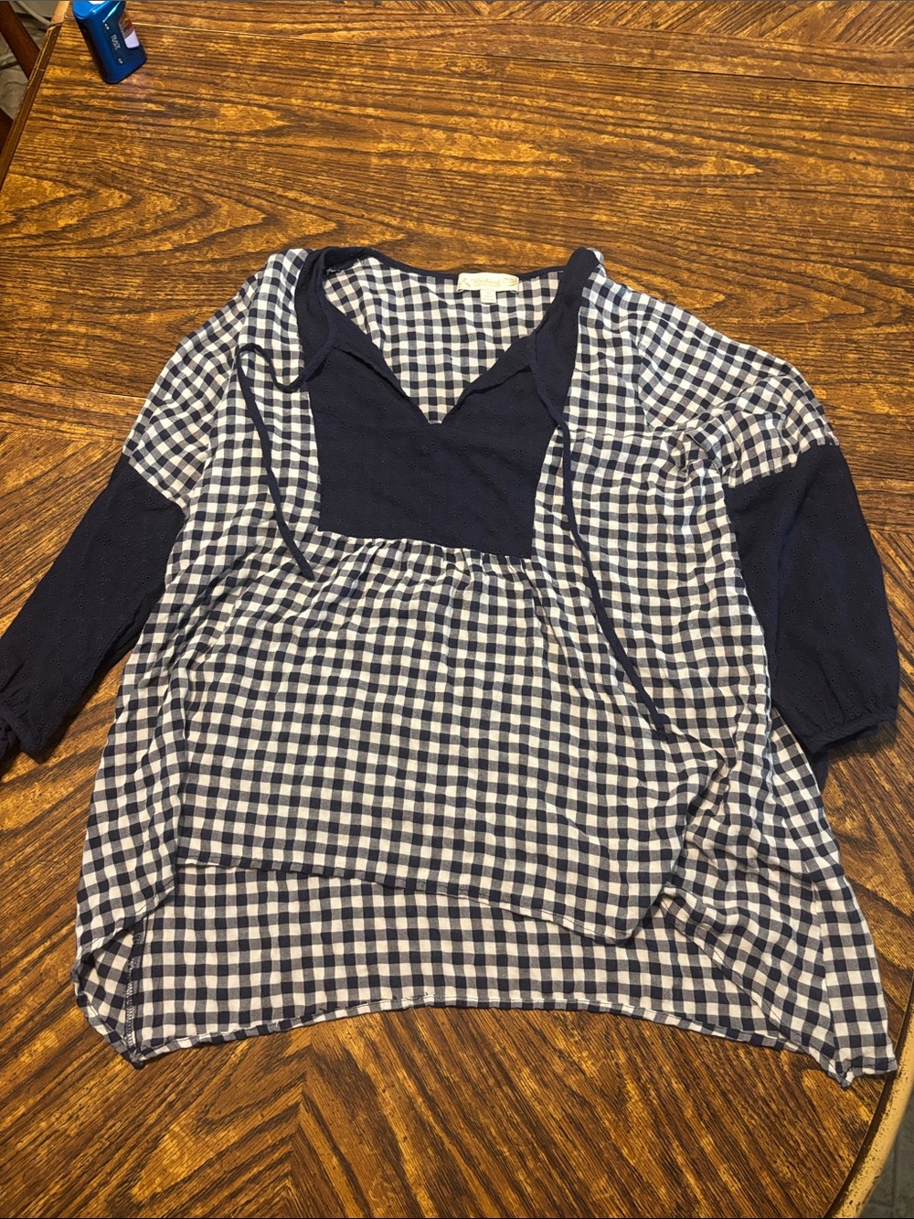Girls Navy and White Gingham Peasant Top with Navy Yoke